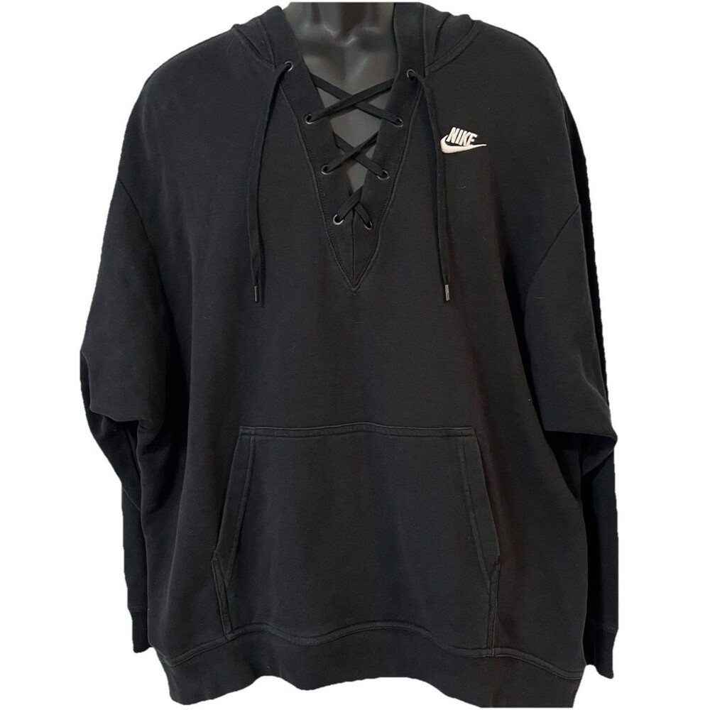 Nike NWS Club Lace Up Hoodie Women’s L Black Pullover Athletic  Style 929531-010